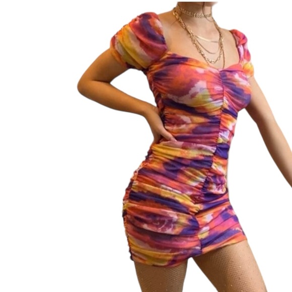 Urban Outfitters UO Tie Dye Rouched Mini Dress Puff Sleeves New Size S - Picture 4 of 15